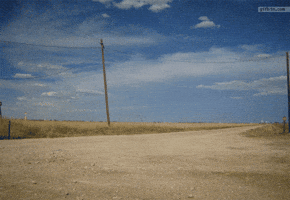 the scenery shows a slightly clouded sky above a desert, with poor vegetation. It seems that a road is visible up ahead. A tumbleweed is blown from the right side of the scenery to the left.